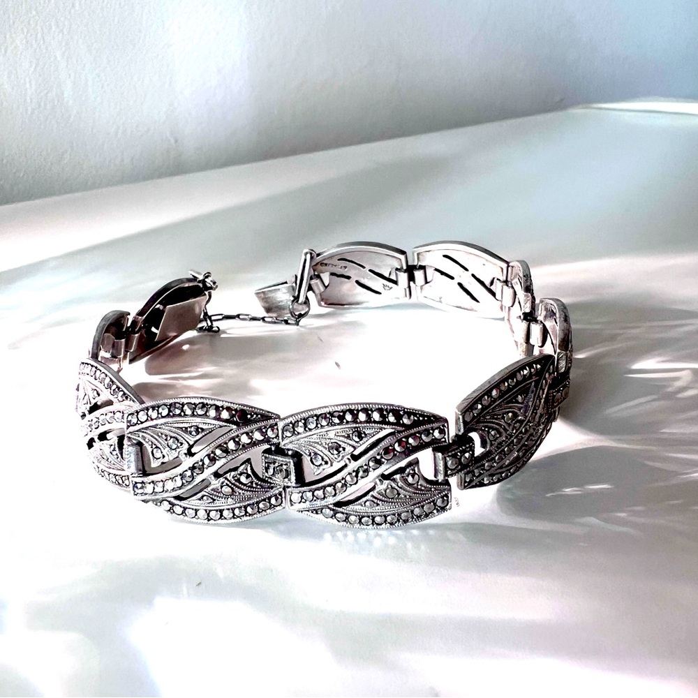 Vintage Sterling Silver Marcasite Link Bracelet – Art Deco Style – 7.5” – 25.5g